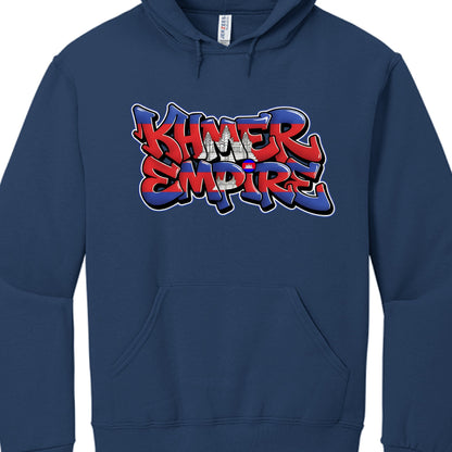 Navy blue hoodie with 'Khmer Empire' text design on a white background