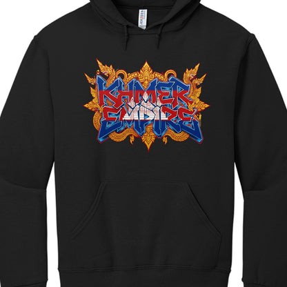 This hoodie showcases a highly colorful and intricate graphic with symbolic imagery:

Typography: The words "KHMER EMPIRE" are written in a large, stylized 3D font. The letters are filled with the colors and icons of the Cambodian flag, featuring blue and red sections with the silhouette of Angkor Wat in the center.

Background Elements: The text is framed by golden, ornate patterns reminiscent of traditional Khmer art and architecture.

Mythological Accents: Flaming, dragon-like figures (resembling Naga) a