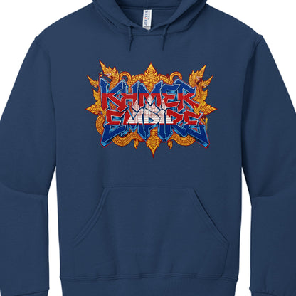 Navy blue hoodie with colorful graphic design on a white background