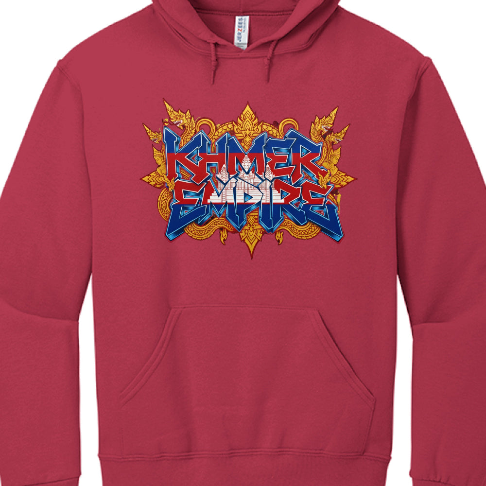 Red hoodie with colorful graphic design on a white background