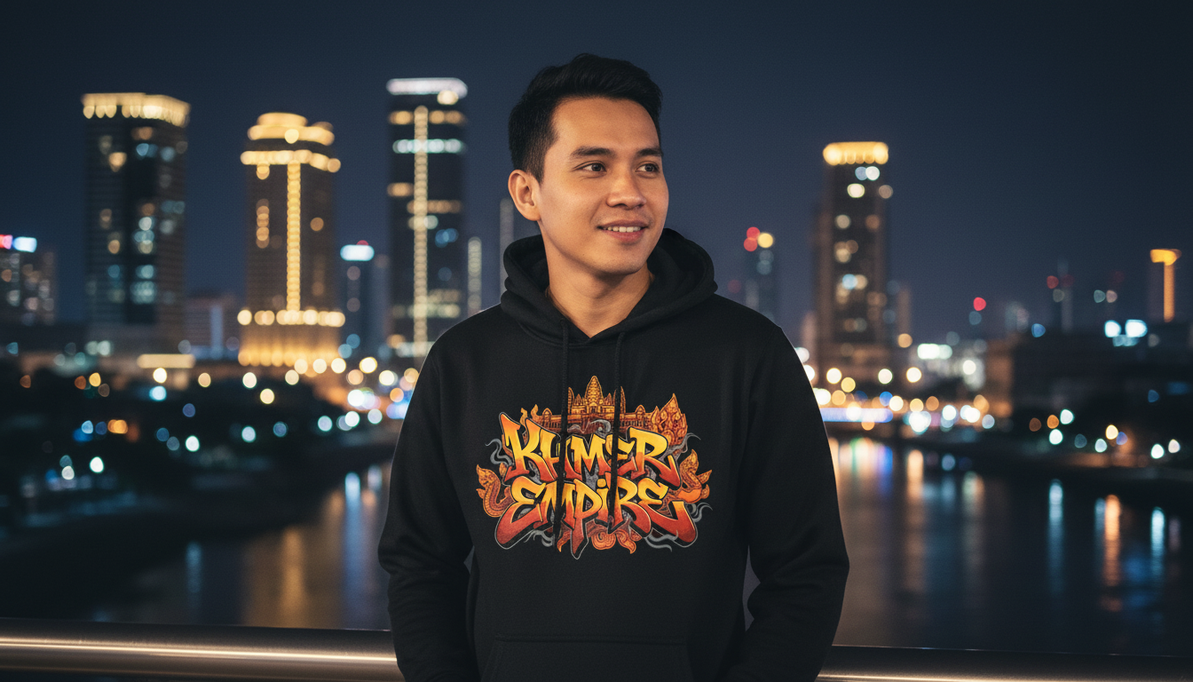 Man wearing a black hoodie with a colorful logo against a city skyline at night.