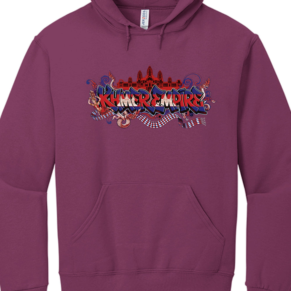 Purple hoodie with colorful 'Kame Empire' graphic on a white background