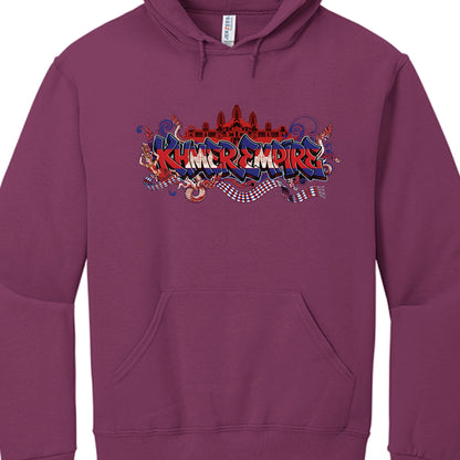 Purple hoodie with colorful 'Kame Empire' graphic on a white background