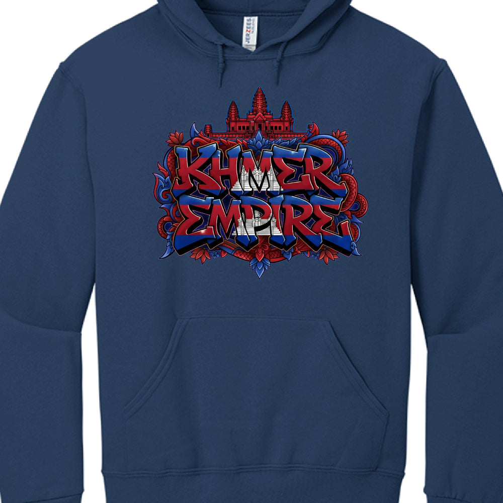 Navy blue hoodie with 'Khmer Empire' graphic design on a white background