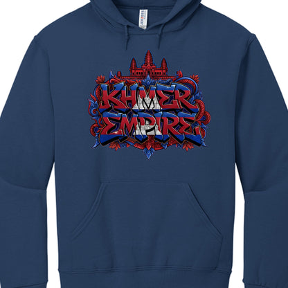 Navy blue hoodie with 'Khmer Empire' graphic design on a white background