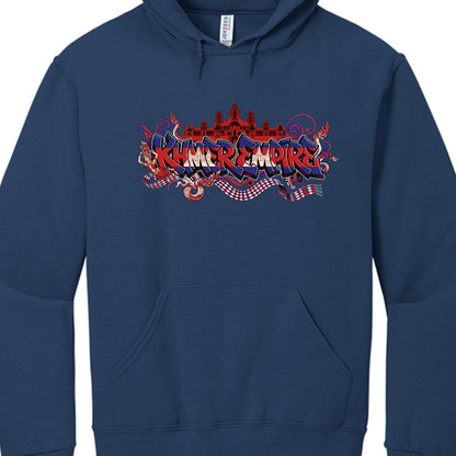Navy blue hoodie with colorful 'Kame Empire' graphic on a white background