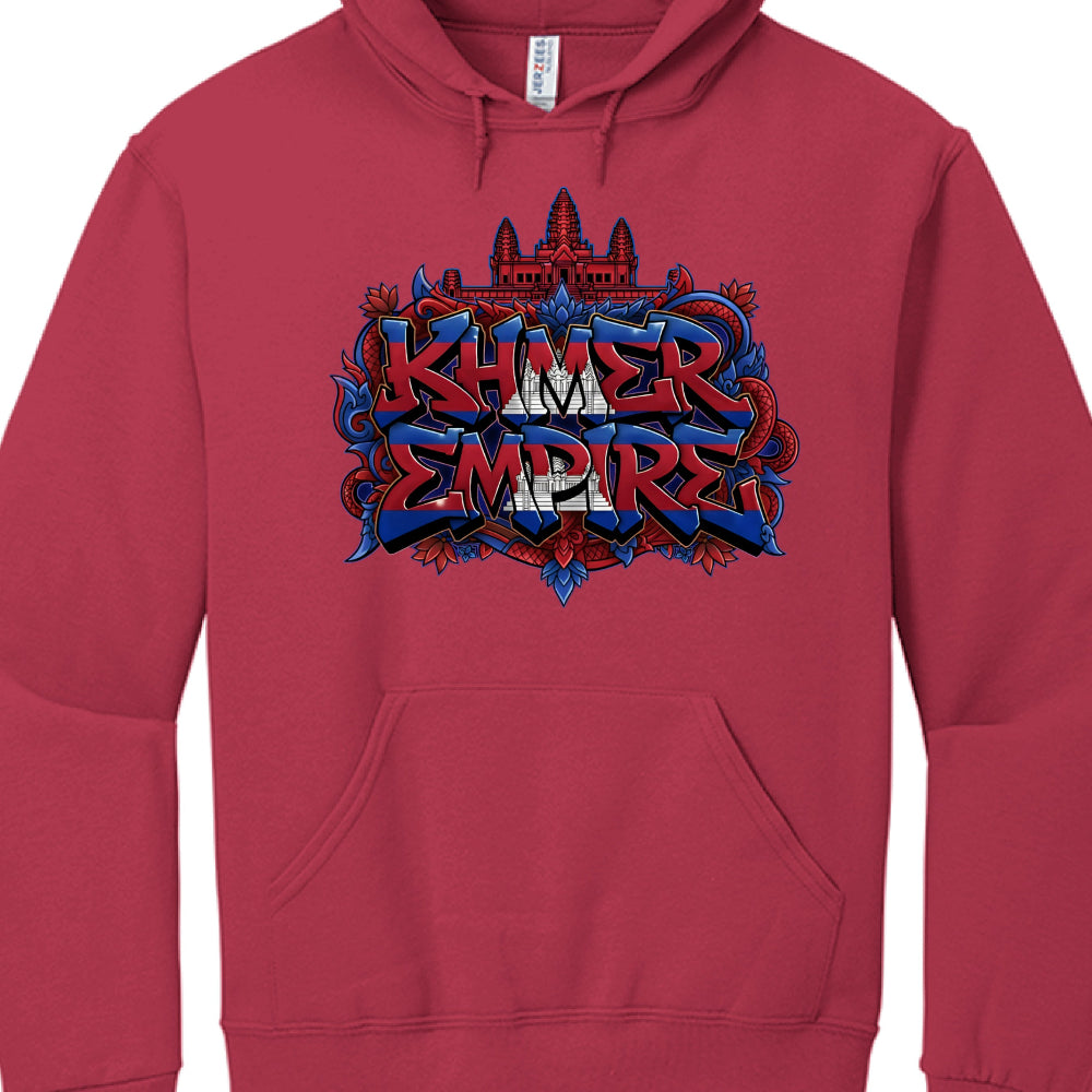 Red hoodie with 'Khmer Empire' graphic design on a white background