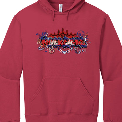Red hoodie with colorful 'Kame Empire' logo on a white background