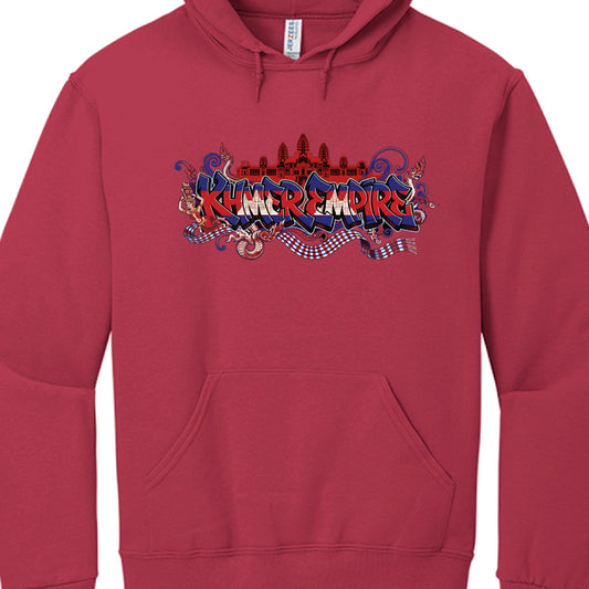 Red hoodie with colorful 'Kame Empire' logo on a white background