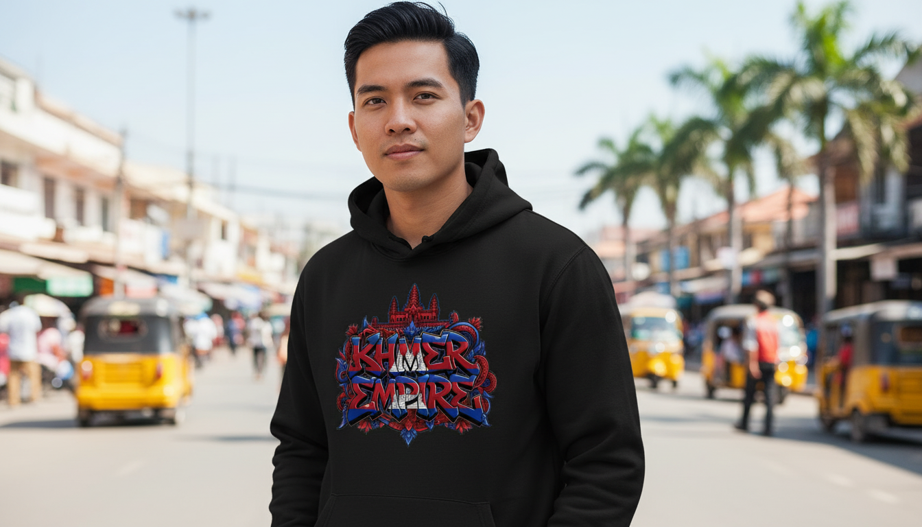 Person wearing a black hoodie with colorful graphics on a street background