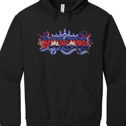Vibrant "Khmer Empire" Streetwear
This design is the most colorful, incorporating multiple cultural symbols into a dynamic composition.

Typography: The text reads "KHMER EMPIRE" in a red and blue graffiti font, mirroring the colors of the Cambodian flag.

Cultural Symbols:

A blue and white Krama (traditional scarf) flows beneath the text.

A silhouette of an Apsara dancer is featured on the left.

Naga (serpent) motifs curve around the design.

Background: A white architectural silhouette of Angkor Wat si