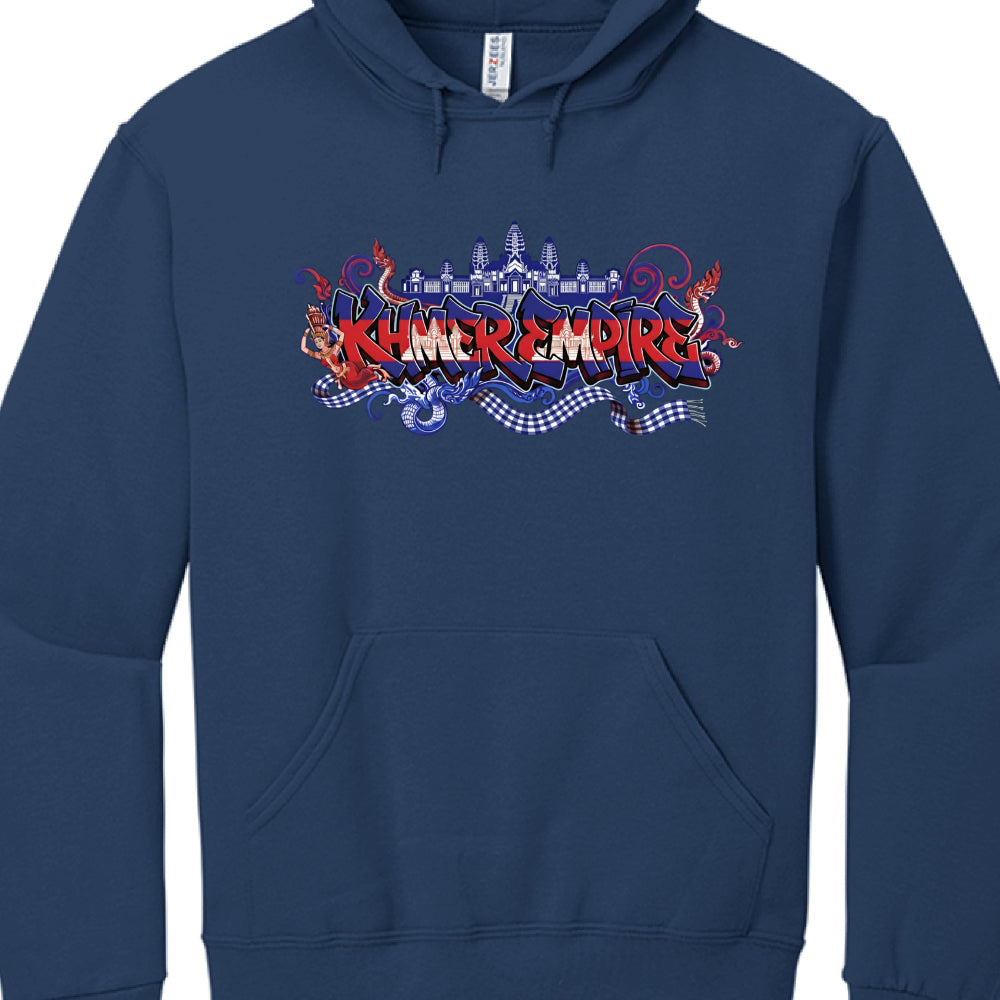 Navy blue hoodie with colorful graphic design on a white background