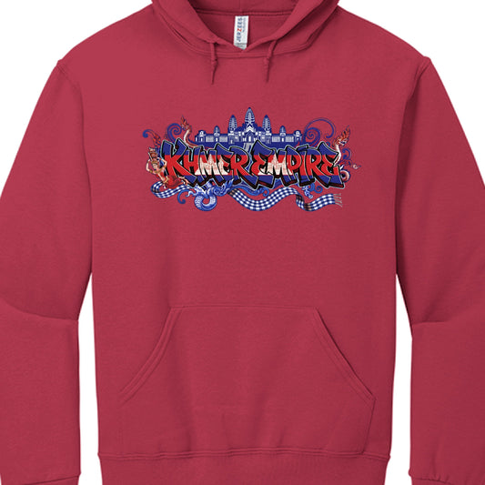 Red hoodie with colorful graphic design on a white background