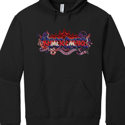 This design builds on the colorful "Khmer Empire" aesthetic with several cultural motifs:

Central Typography: The words "KHMER EMPIRE" are rendered in a dynamic, sharp graffiti-style font. The letters feature a gradient of red and blue, echoing the colors of the Cambodian national flag.

The Temple Silhouette: At the top of the graphic sits a solid red silhouette of Angkor Wat, providing a bold architectural crown to the design.

Cultural Figures and Symbols:

To the left, there is a stylized illustration 
