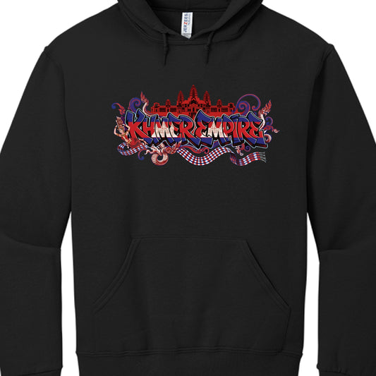 This design builds on the colorful "Khmer Empire" aesthetic with several cultural motifs:

Central Typography: The words "KHMER EMPIRE" are rendered in a dynamic, sharp graffiti-style font. The letters feature a gradient of red and blue, echoing the colors of the Cambodian national flag.

The Temple Silhouette: At the top of the graphic sits a solid red silhouette of Angkor Wat, providing a bold architectural crown to the design.

Cultural Figures and Symbols:

To the left, there is a stylized illustration 