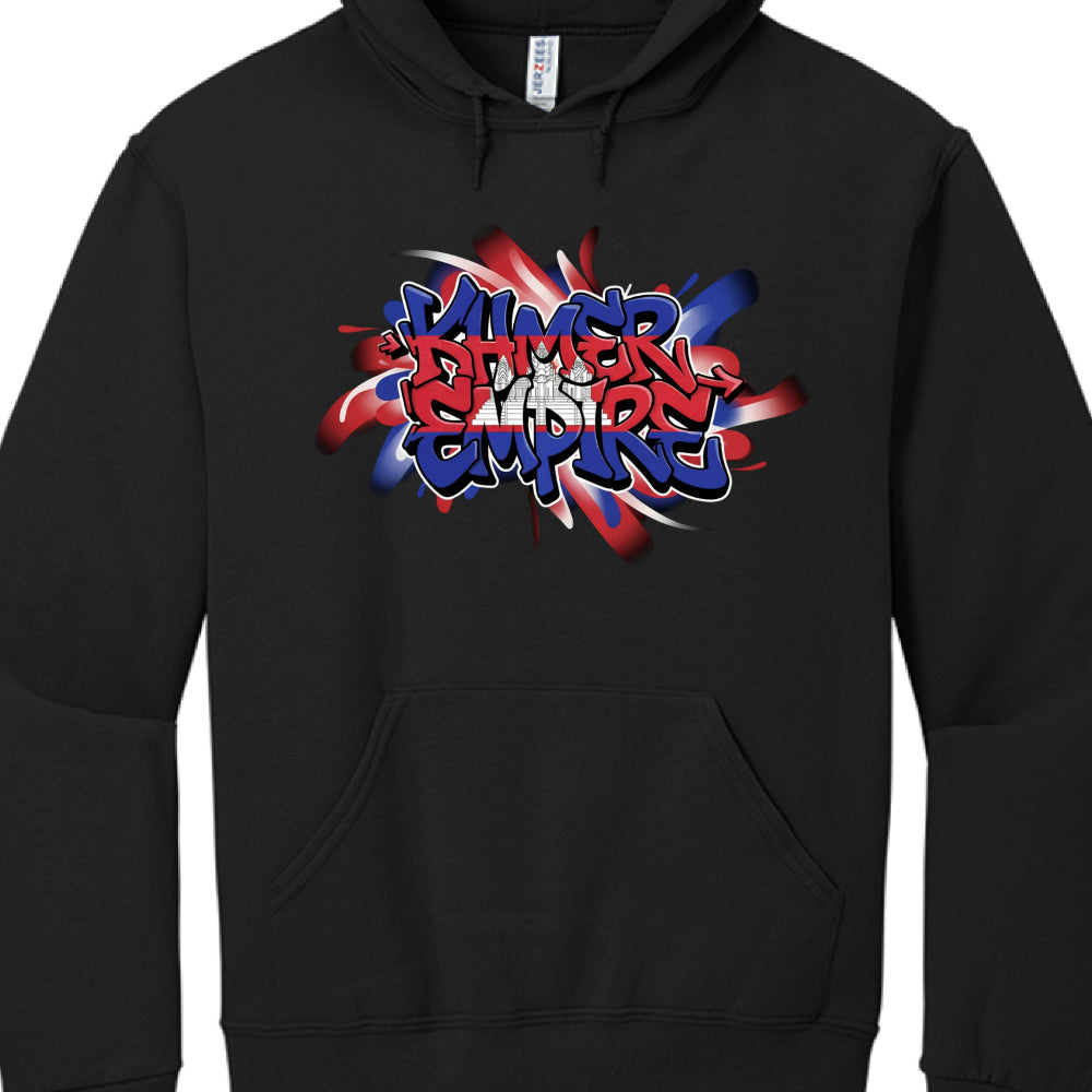 The image displays a black pullover hoodie featuring a dynamic, graffiti-inspired graphic centered on Cambodian pride.

Graphic Design Breakdown
The artwork is a colorful explosion of national symbols and modern typography:

Central Text: The words "KHMER EMPIRE" are rendered in a bold, layered graffiti font. The letters are outlined in thick black and white, with the inner portions filled with the red and blue horizontal stripes of the Cambodian flag.

National Iconography: A white, detailed silhouette of 