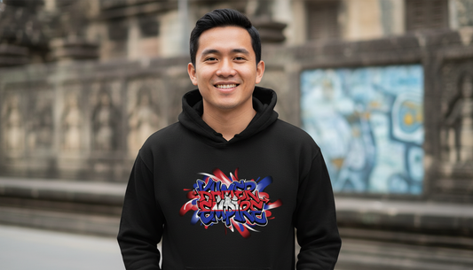 Person wearing a black hoodie with colorful text design in front of a blurred background