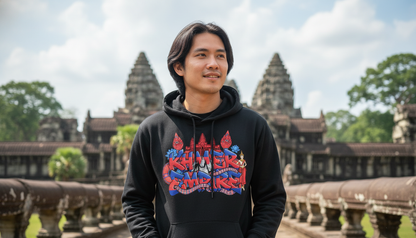 Person wearing a black hoodie with colorful graphics in front of Angkor Wat.