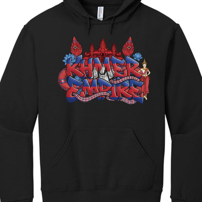 The artwork is centered on the chest and uses a vibrant color palette inspired by the Cambodian flag.

Typography: The words "KHMER EMPIRE" are rendered in a large, 3D graffiti-style font. The letters are filled with horizontal blue and red stripes, with a white silhouette of Angkor Wat integrated into the center.

Cultural Symbols:

Angkor Wat: A detailed red silhouette of the temple towers sits at the top of the design.

Apsara: A traditional celestial dancer in a red and gold outfit is depicted on the ri
