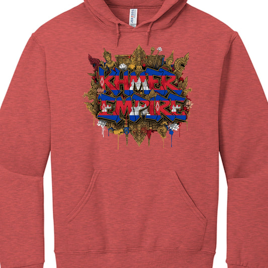 Red hoodie with 'Khmer Empire' graphic design on a white background