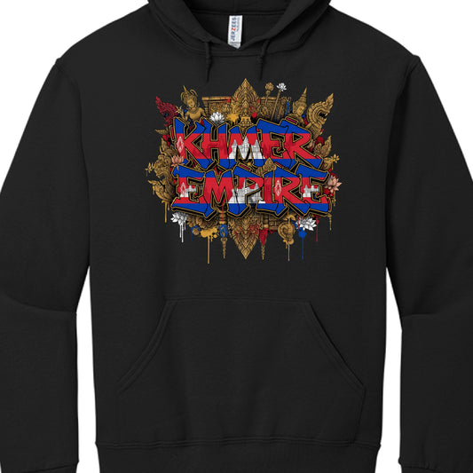 This is an image of a black pullover hoodie featuring a large, vibrant graphic on the chest centered around Cambodian heritage.

Design Breakdown
The central focus of the artwork is the text "KHMER EMPIRE" rendered in a bold, 3D graffiti style.

Lettering: The letters are filled with the colors and symbols of the Cambodian flag—horizontal stripes of blue and red with the white silhouette of Angkor Wat integrated into the middle of the words.

Background Elements: Behind the graffiti, there is a dense, intri