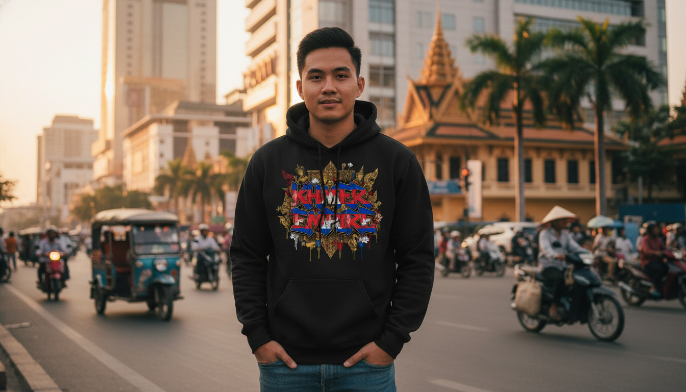 Man wearing a black hoodie with colorful graphics on a busy city street.