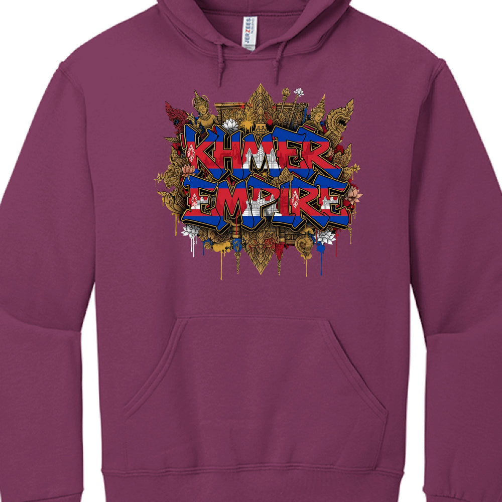 Purple hoodie with 'Khmer Empire' graphic design on a white background