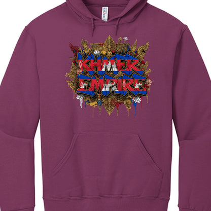 Purple hoodie with 'Khmer Empire' graphic design on a white background