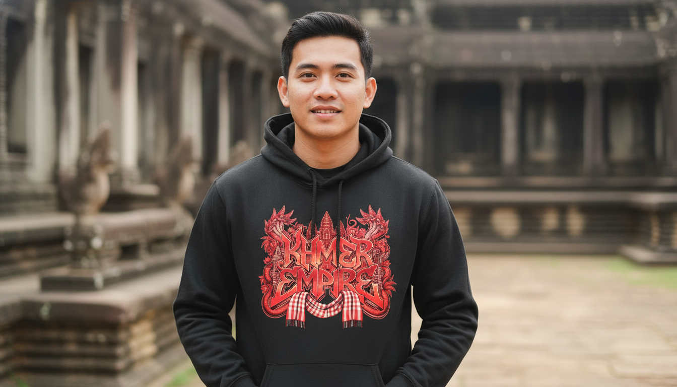 Person wearing a black hoodie with red graphics in front of ancient architecture