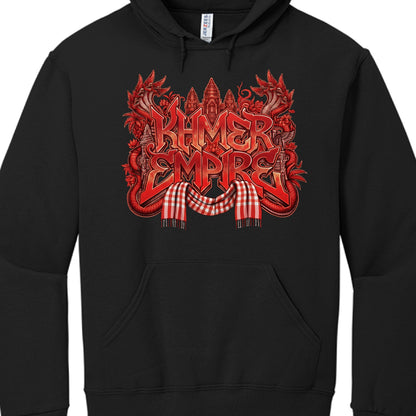 This image features a black pullover hoodie featuring an intricate graphic that celebrates Cambodian history and the Khmer Empire.

Graphic Design Breakdown
The artwork is a color-saturated red-themed variation of the "Khmer Empire" design series.

Typography: The words "KHMER EMPIRE" are displayed in a bold, sharp-edged 3D font with a gradient that moves from bright orange-red to a deep, dark crimson.

Cultural Iconography:

Angkor Wat: The silhouette of the temple towers is centered at the top in a monoch