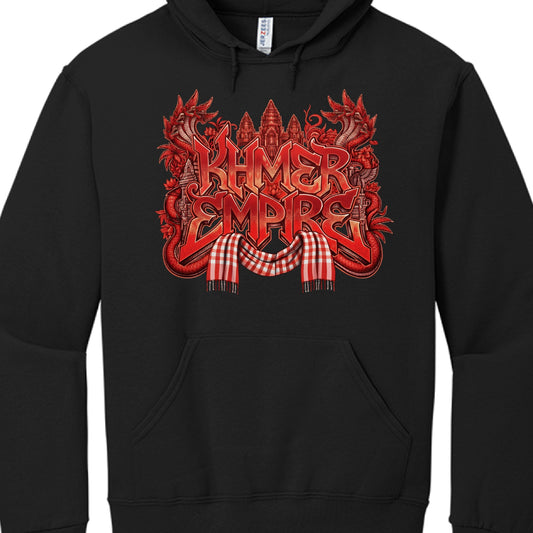 This image features a black pullover hoodie featuring an intricate graphic that celebrates Cambodian history and the Khmer Empire.

Graphic Design Breakdown
The artwork is a color-saturated red-themed variation of the "Khmer Empire" design series.

Typography: The words "KHMER EMPIRE" are displayed in a bold, sharp-edged 3D font with a gradient that moves from bright orange-red to a deep, dark crimson.

Cultural Iconography:

Angkor Wat: The silhouette of the temple towers is centered at the top in a monoch