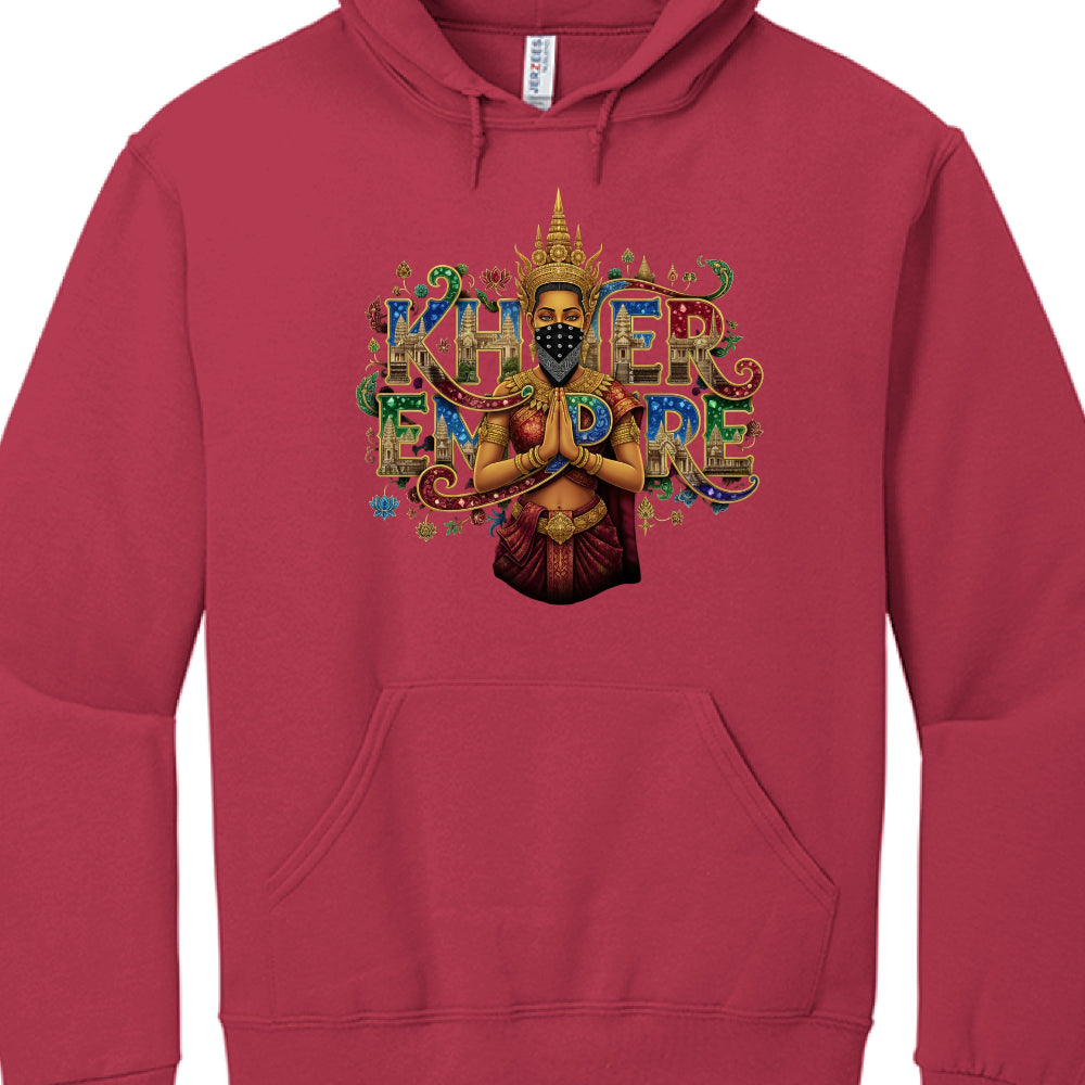 Red hoodie with a colorful graphic design on a white background