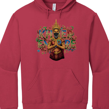 Red hoodie with a colorful graphic design on a white background