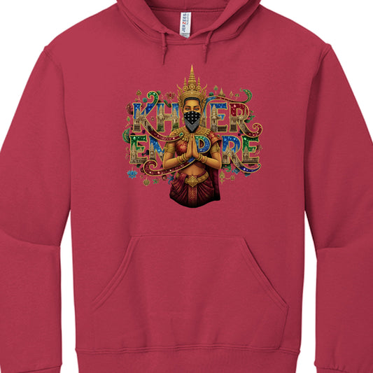 Red hoodie with a colorful graphic design on a white background