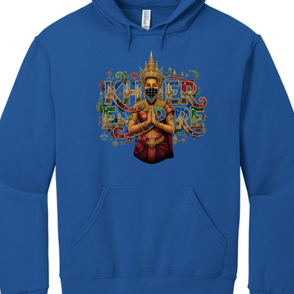 Blue hoodie with a colorful graphic design on a white background
