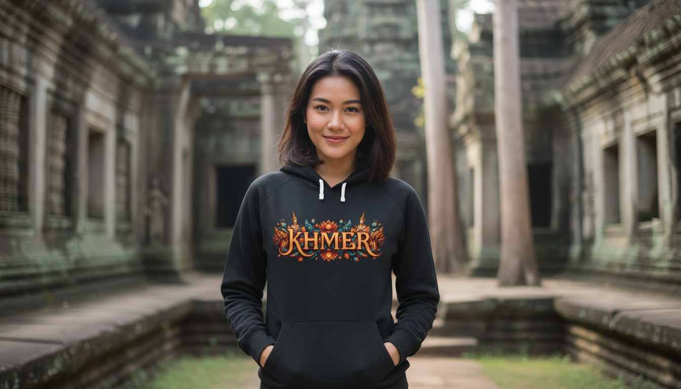 Woman wearing a hoodie with 'Khmer' design in ancient temple setting