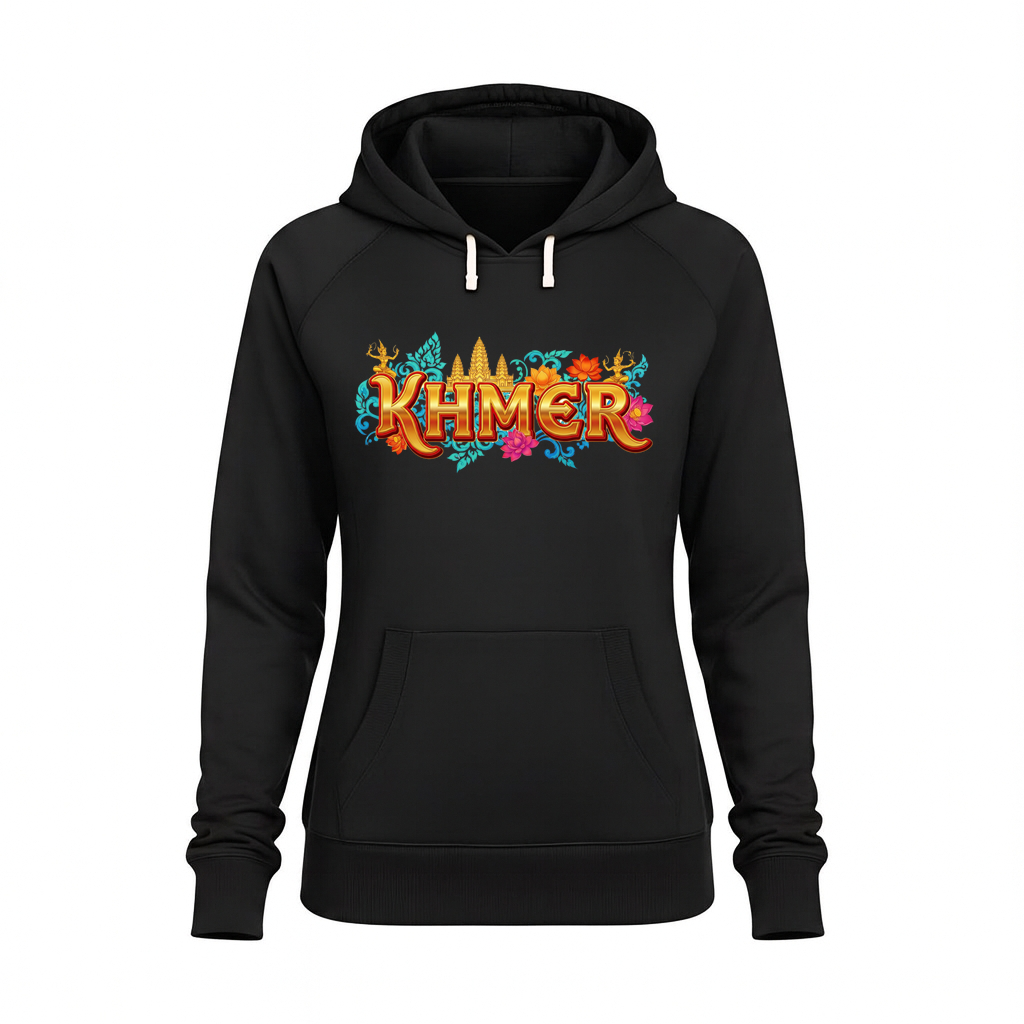 Black hoodie with colorful 'Khmer' text design on a white background