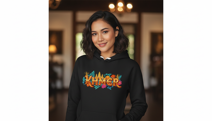 Person wearing a black hoodie with colorful text design indoors