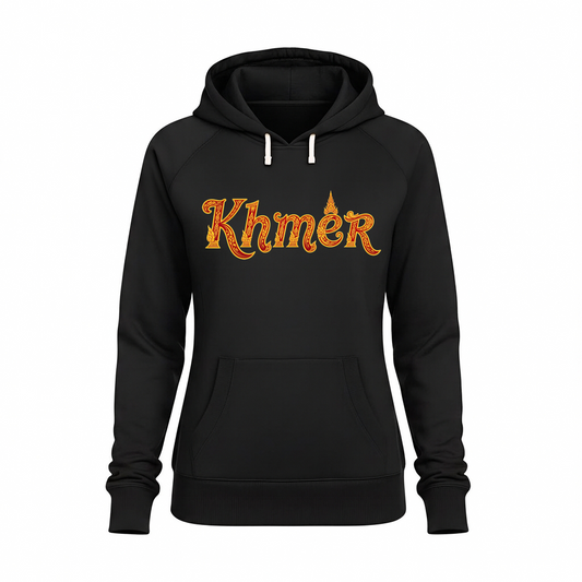 Black hoodie with 'Khmer' text in orange on a white background
