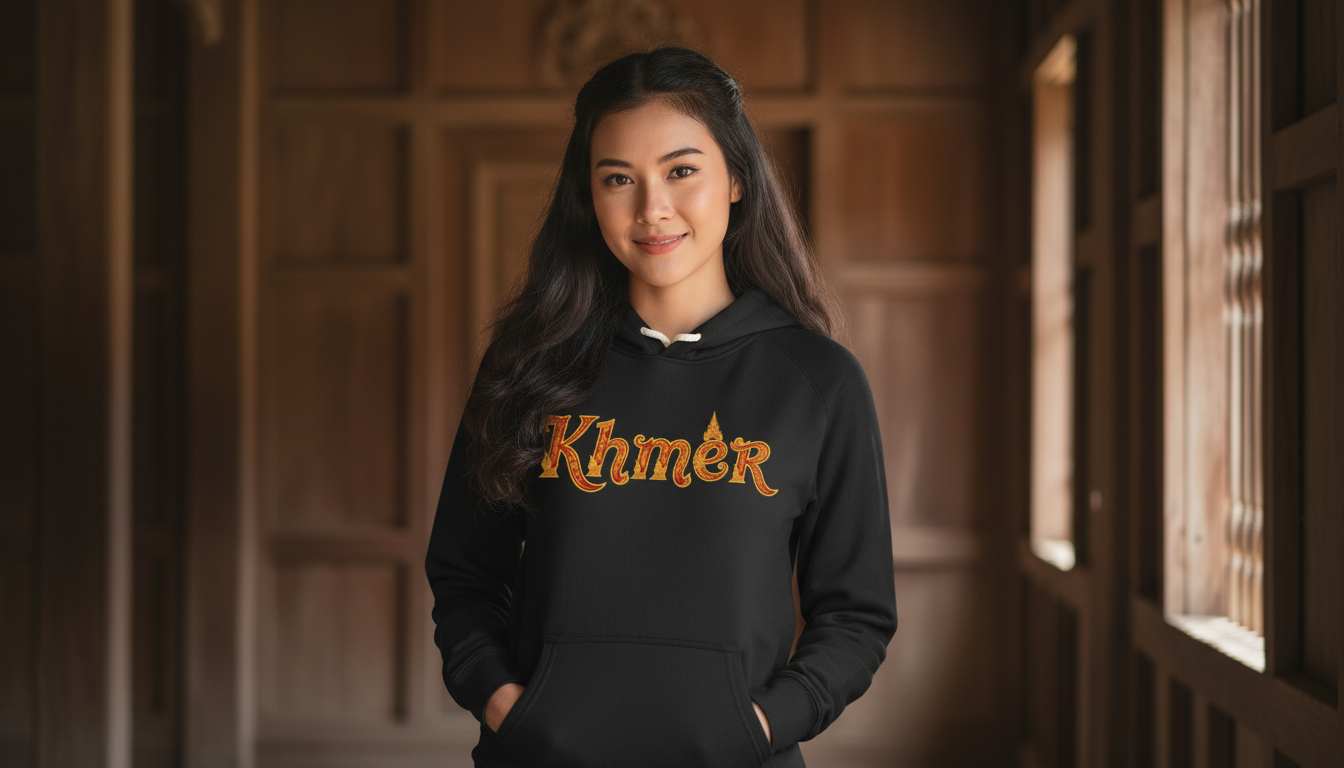 Woman wearing a black hoodie with 'Khmer' text in an indoor setting