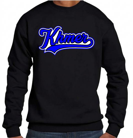 Black sweatshirt with 'Khmer' printed in blue and white on a white background