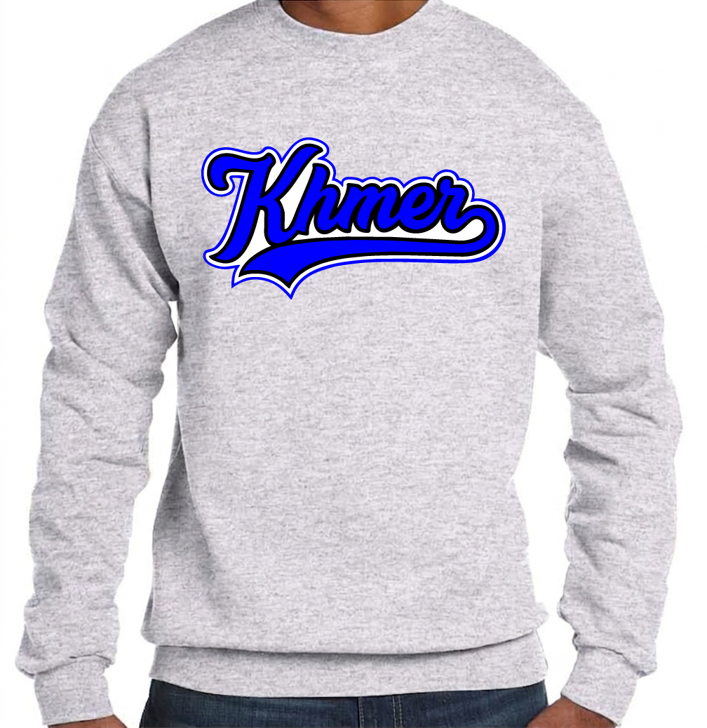 Gray sweatshirt with blue 'Khmer' text on a white background