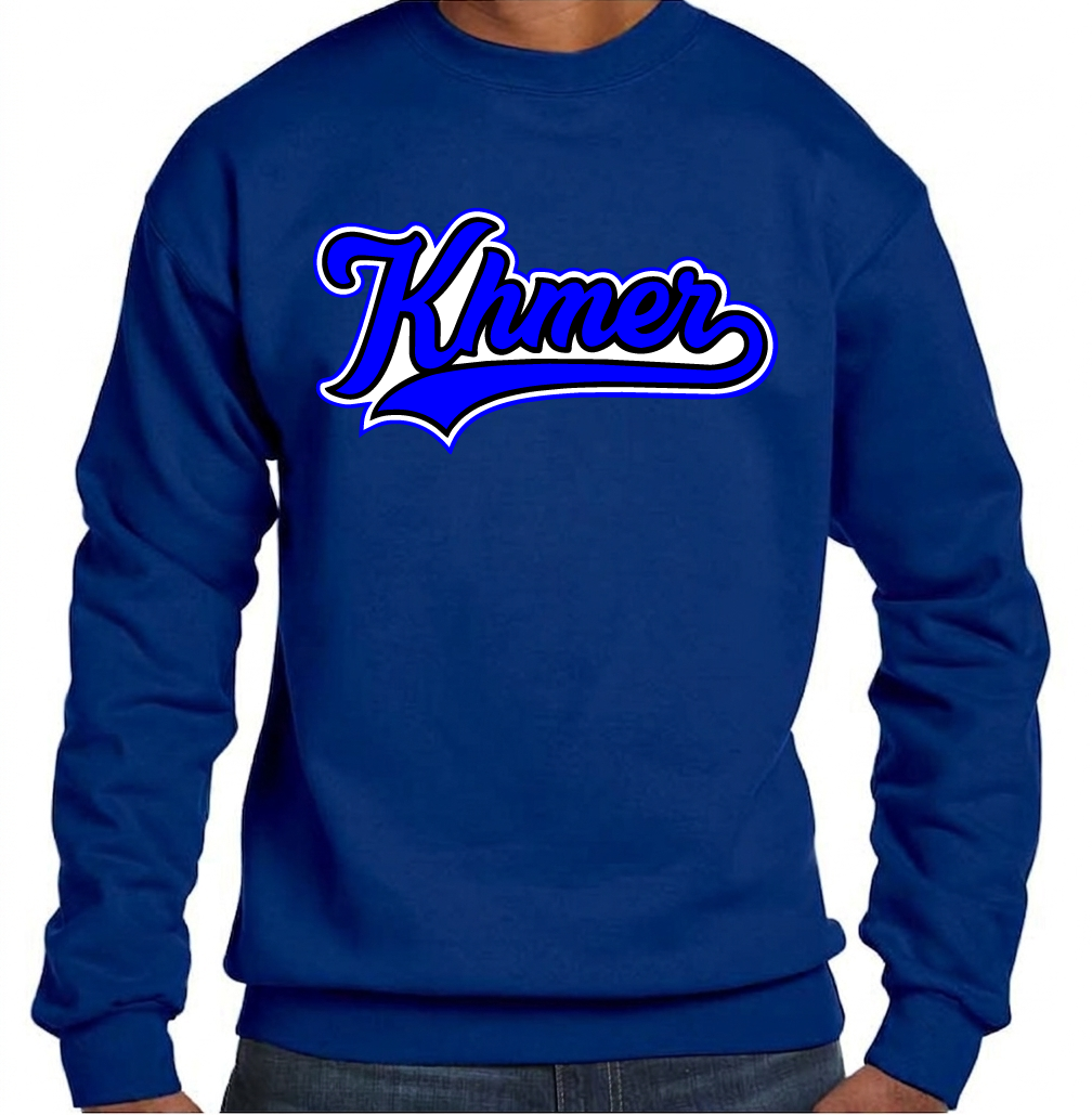 Blue sweatshirt with 'Khmer' text on a white background