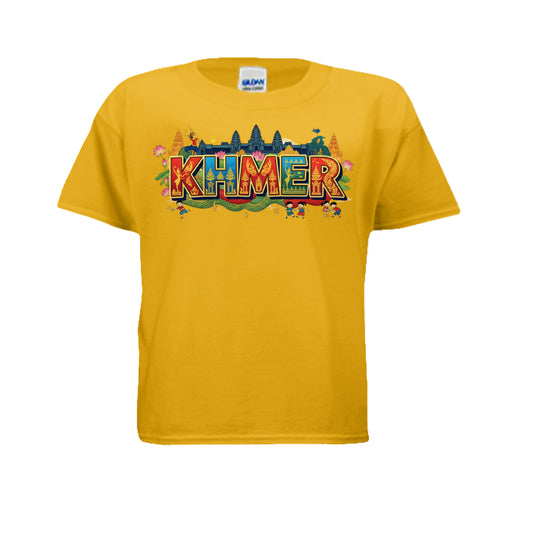 Yellow t-shirt with 'KHMER' text and colorful design on a white background