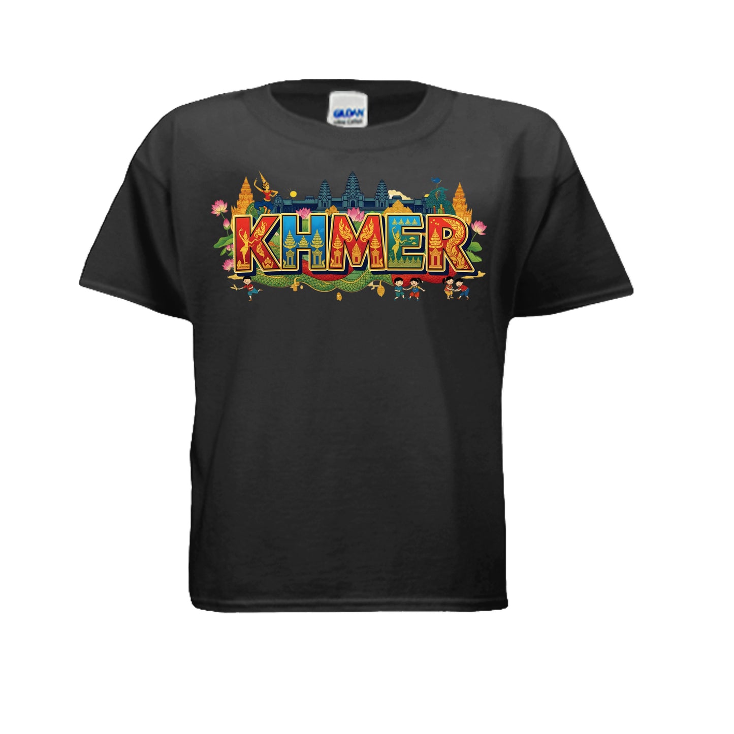 Black t-shirt with colorful 'KHMER' text design on a white background
