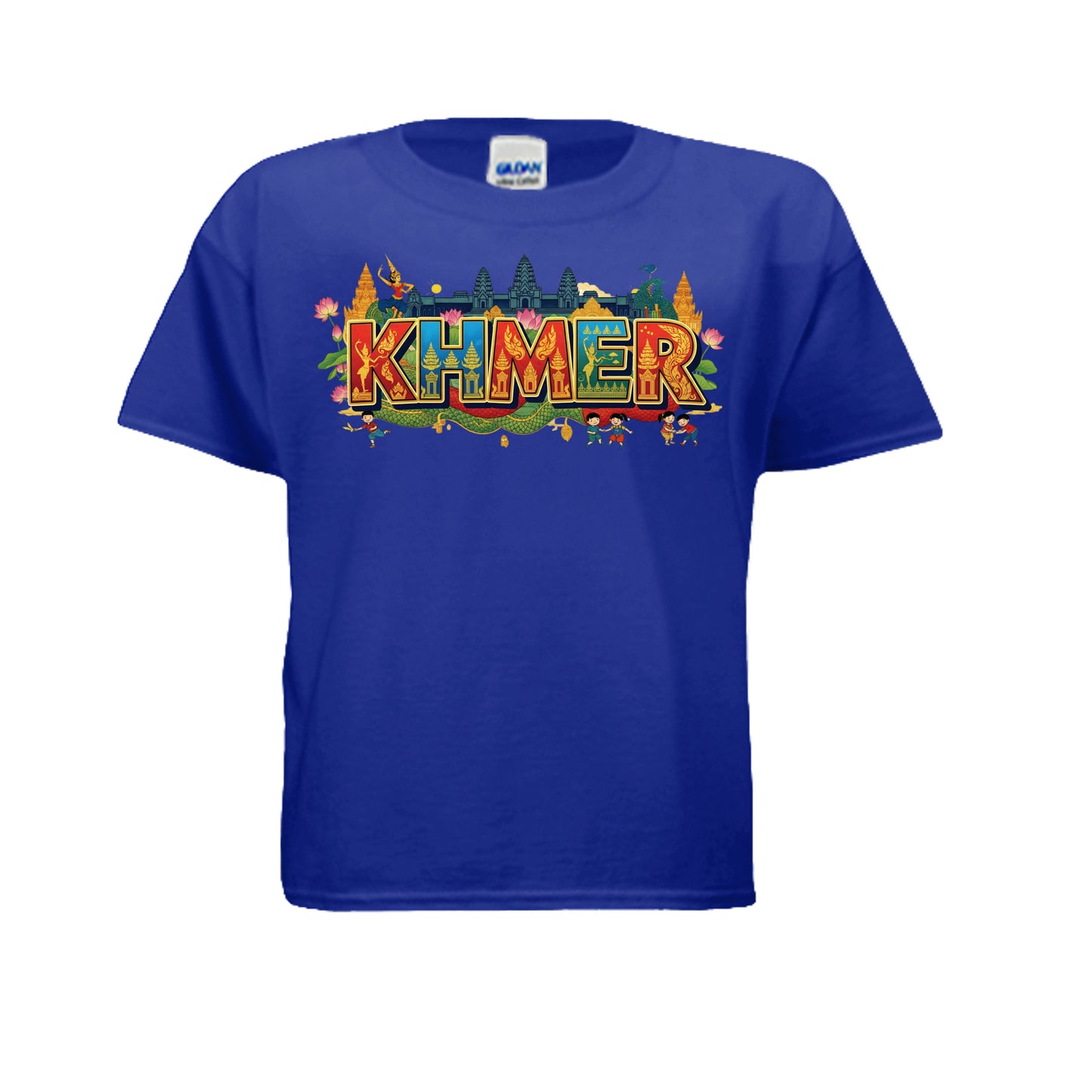 Blue t-shirt with colorful 'KHMER' text on a white background