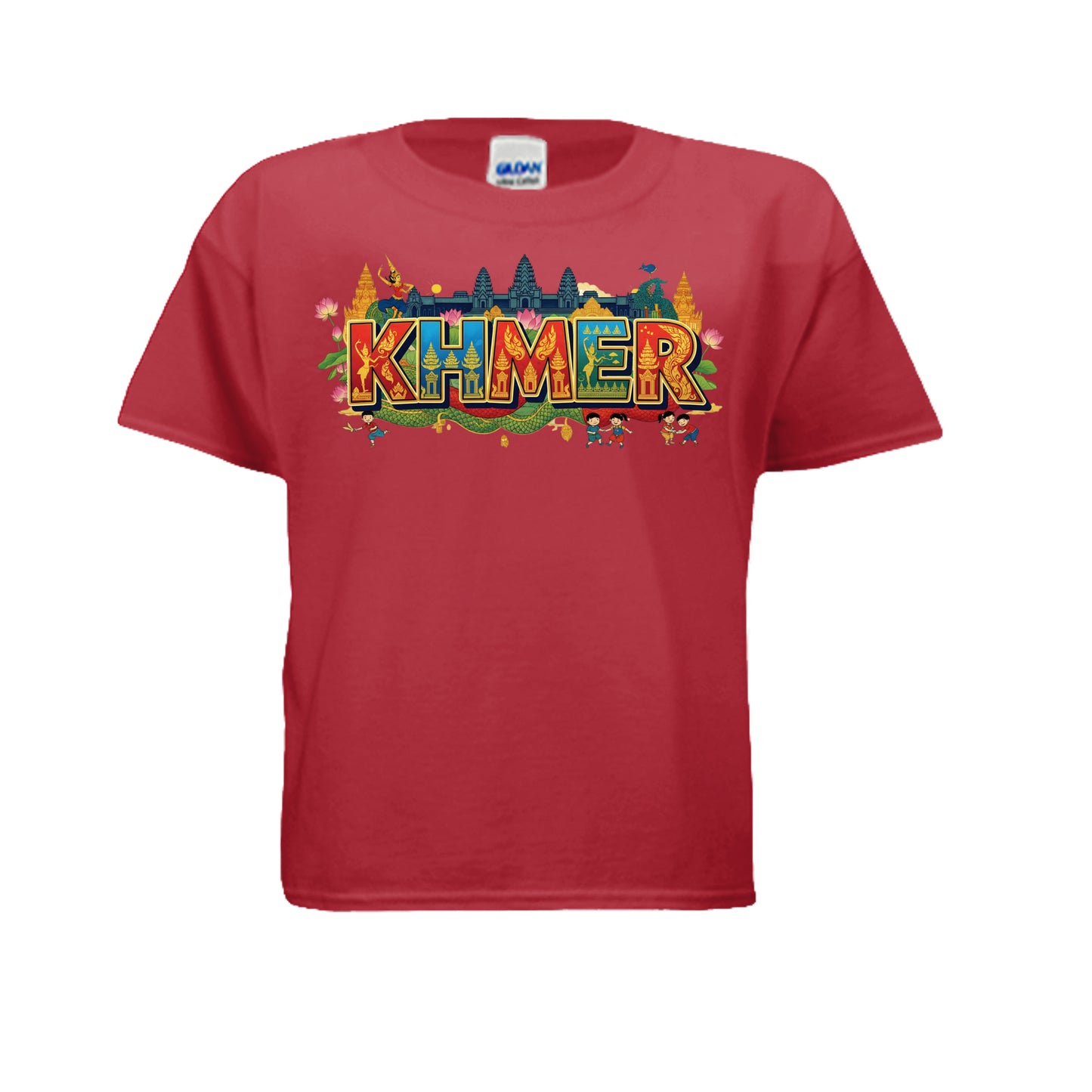 Red t-shirt with colorful 'KHMER' text design on a white background