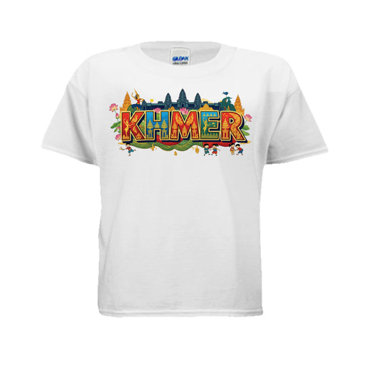 White t-shirt with 'KHMER' in colorful letters on a white background