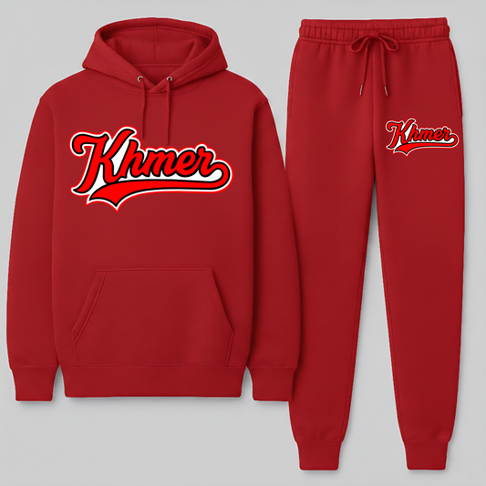 Red hoodie and sweatpants set with 'Khmer' text on a gray background