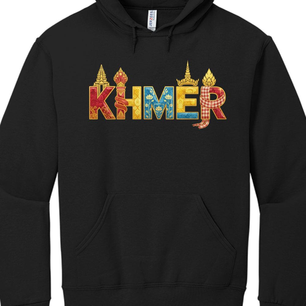 Black hoodie with 'KHMER' text in colorful letters on a white background